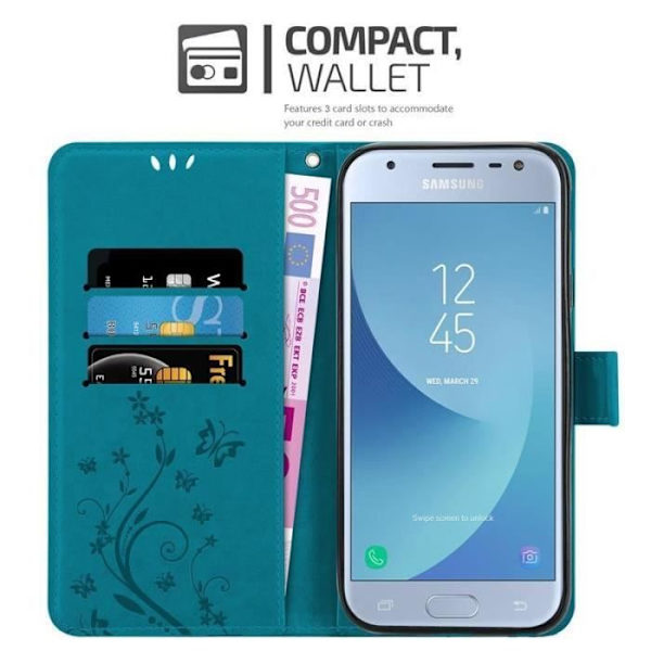 Fodral - CADORABO - Samsung Galaxy J3 2017 - Blommigt konstläder - Magnetisk stängning - Praktiskt stöd Blå