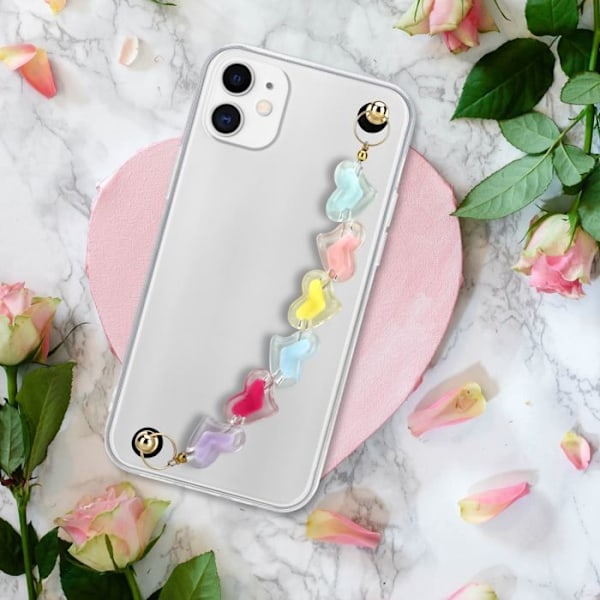 Transparent skal för Apple iPhone 11 med färgade hjärtan, skyddsfodral i flexibelt TPU-silikon med handledsrem. Vit