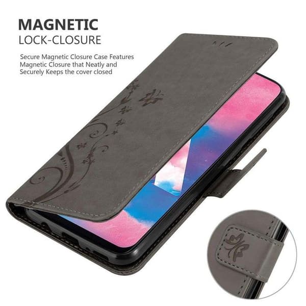 Fodral med lock för Samsung Galaxy M30 / A40s Etui i GRÅ BLOMMÖNSTER Skydd Design Blommig Plånbok Grå