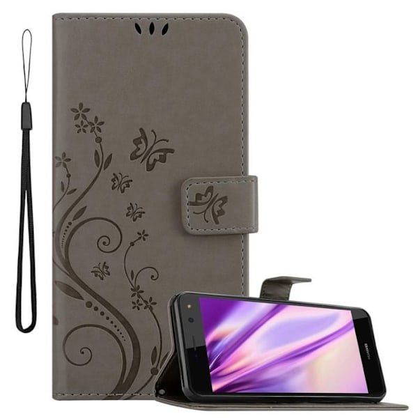 Skal till Huawei Y5 2017 / Y6 2017 Fodral i GRÅ BLOMMA Etui Case Cover Skydd Blommigt Plånbok Wallet Grå