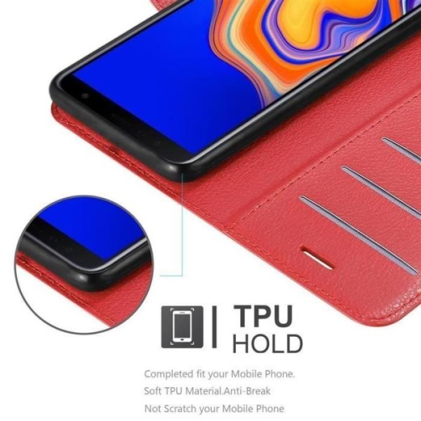 Fodral - CADORABO - Samsung Galaxy J4 PLUS - Rött konstläder - Stativfunktion - 3 kortfack Röd