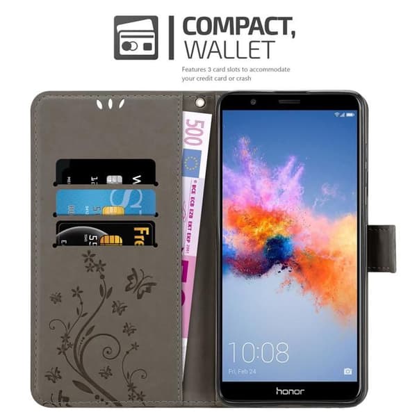 Fodral med lock för Honor 7X Etui i GRÅTT BLOMMÖNSTER Skydd Design Blommig Plånbok Grå