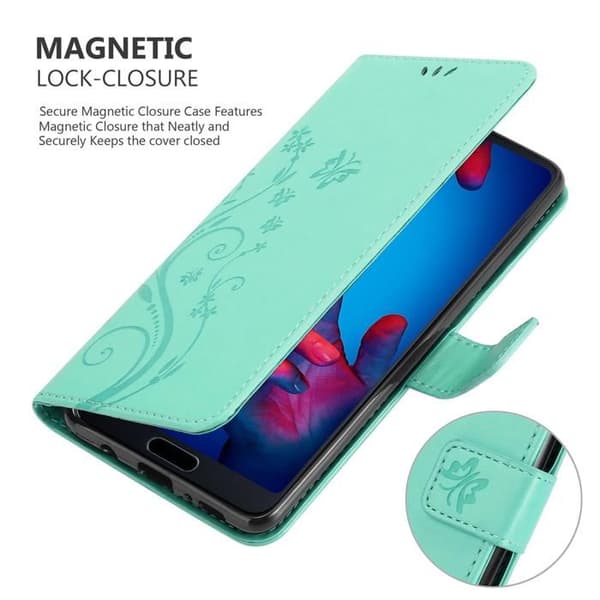 Fodral med lock för Huawei P20, Turkos Blommönster, Skyddande Design, Plånbok Blå