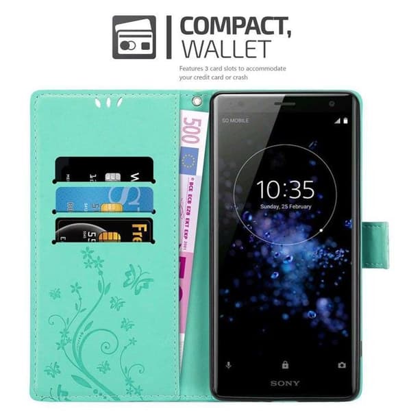 Fodral med lock för Sony Xperia XZ2 Etui i TURKOS BLOMMÖNSTER Skydd Design Blommig Plånbok Blå