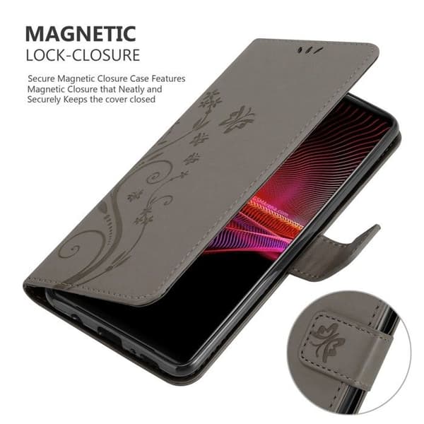 Fodral med lock för Sony Xperia 1 III Etui i GRÅ BLOMMÖNSTER Skydd Design Blommig Plånbok Grå