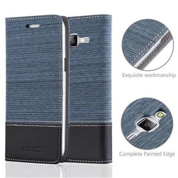 Cadorabo Samsung Galaxy J5 2015 Fodral MÖRKBLÅ SVART TYG-SKINN Fodral Fodral Magnetisk stativ Kortplats
