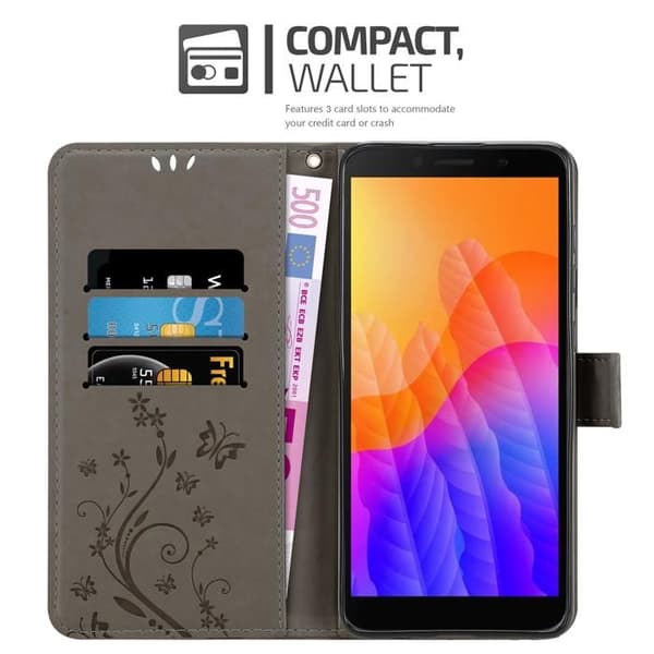 Fodral med lock för Honor 9S / Huawei Y5P Etui i GRÅ BLOMMÖNSTER Skydd Design Blommig Plånbok Grå