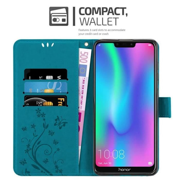 Etui för Honor 8C - CADORABO - BLÅ BLOMMÖNSTER - Syntetläder - Ställfunktion - Fack för kort BLOMMA BLÅ