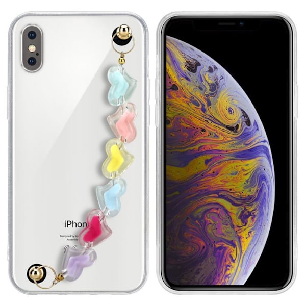 Fodral för Apple iPhone X / XS i transparent med färgglada hjärtan, silikon TPU-skal med flexibel kedja. Vit