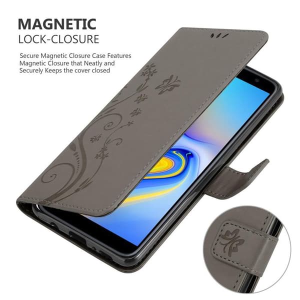 Fodral med lock för Samsung Galaxy J6 PLUS Fodral i GRÅ BLOMMÖNSTER Skydd Design Blommig Plånbok Grå