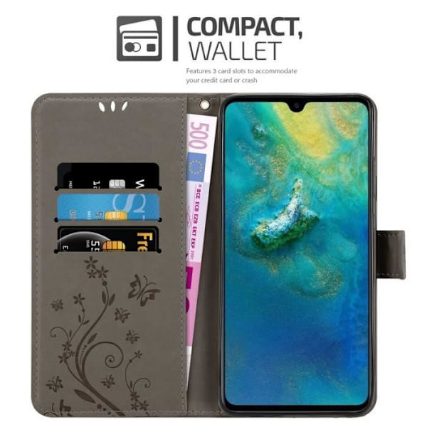 Fodral till Huawei MATE 20 - CADORABO - Blommönster - Imiterat läder - 3 kortplatser - Praktiskt stöd Grå