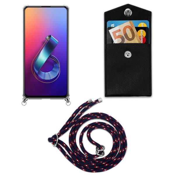 Fodral för Asus ZenFone 6 med axelrem i BLÅ RÖD VIT PRICKIG med justerbar snodd Blå