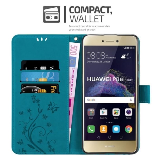 Coque - CADORABO - Huawei P8 LITE 2017 / P9 LITE 2017 - Blå Blommor - Syntetläder - Ställfunktion BLOMMA BLÅ