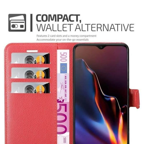 Coque - CADORABO - OnePlus 6T - Röd - Syntetiskt läder - Horisontellt stativ - 3 kortfack Röd