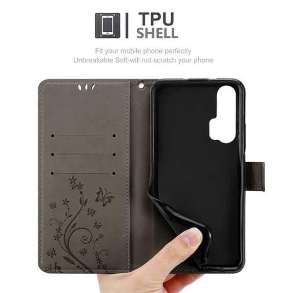Fodral med lock för Honor 20 PRO Etui i GRÅ BLOMMIG Design Floral Plånboksskydd Grå