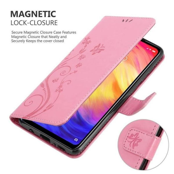 Fodral - CADORABO - Xiaomi Redmi Note 7 - Läderimitation - Blommönster - Magnetisk stängning Rosa