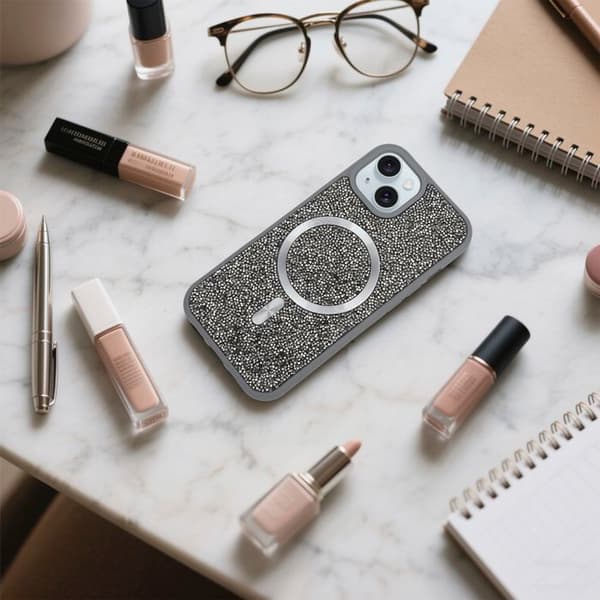 iPhone 15-fodral i GRÅ Stötsäker Magsafe-kompatibel med diamantglitterstil Grå