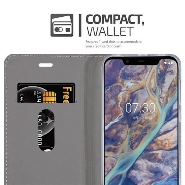 Plånboksfodral - CADORABO - Nokia 7.1 2018 PLUS - Imiterat läder - Horisontellt stativ - Kortplatser Grå