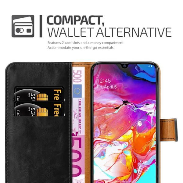 Fodral - CADORABO - Samsung Galaxy A70 - Läderimitation - Magnetisk stängning - Stativfunktion Svart