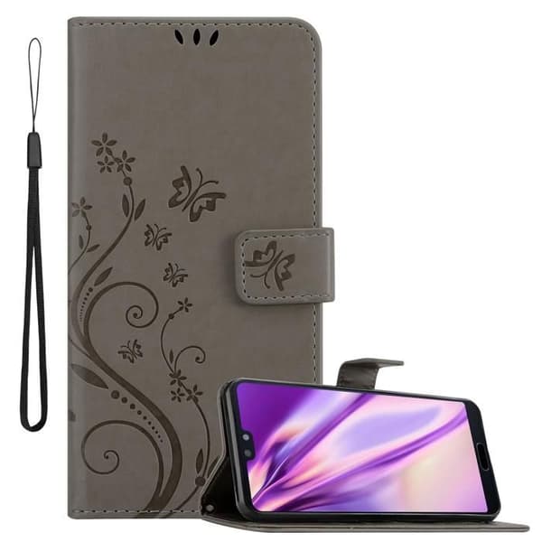 Fodral med lock för Huawei P20 Etui i GRÅ BLOMMÖNSTER Skydd Design Blommig Plånbok Grå
