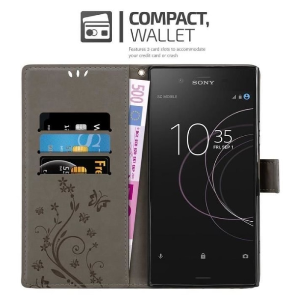 Fodral - CADORABO - Sony Xperia XZ1 - Blommigt konstläder - Magnetisk stängning - Stativfunktion Grå