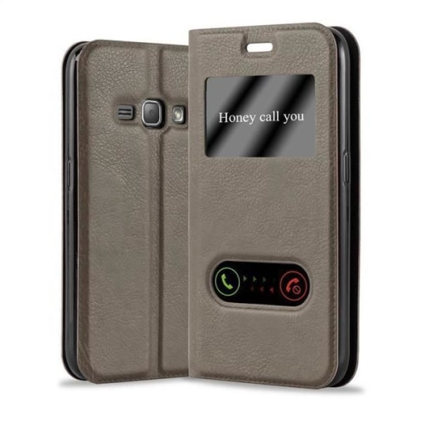 Cadorabo Fodral för Samsung Galaxy J1 2015 i STONE BROWN – Skyddsfodral med horisontellt stativ och två fönster – View Case