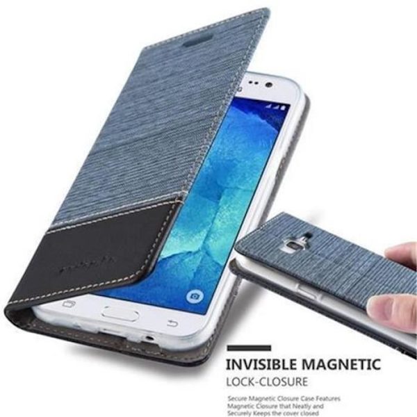 Cadorabo Samsung Galaxy J5 2015 Fodral MÖRKBLÅ SVART TYG-SKINN Fodral Fodral Magnetisk stativ Kortplats