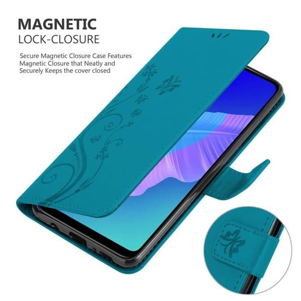 Fodral med lock för Huawei P40 LITE E Etui i BLÅ BLOMSTER Skydd Design Blomster Plånbok Blå