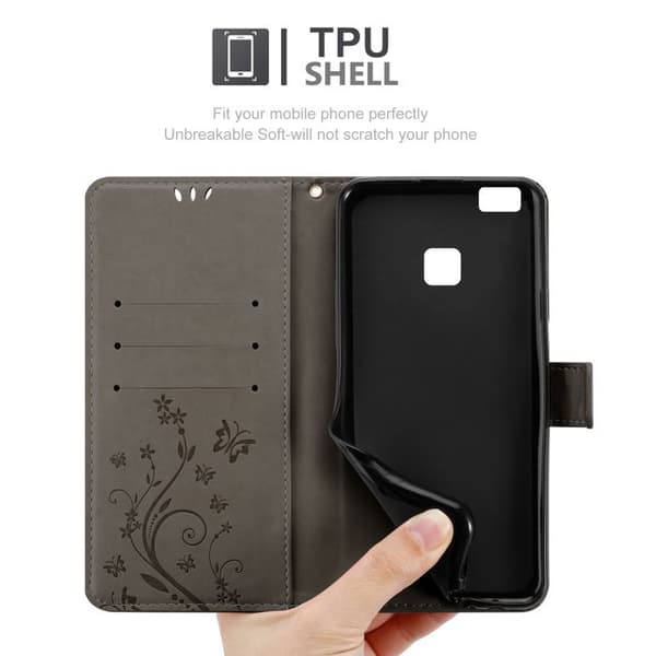 Fodral med lock för Huawei P9 LITE 2016 / G9 LITE Etui i GRÅ BLOMMÖNSTER Skydd Design Blommig Plånbok Grå