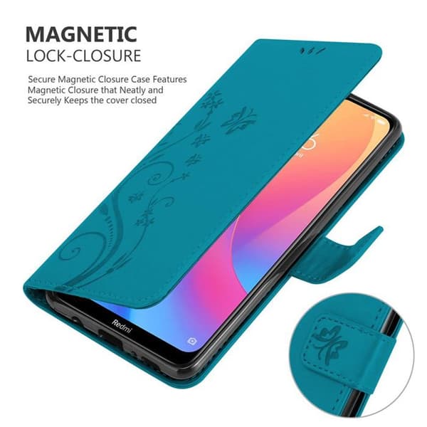 Fodral med lock för Xiaomi RedMi 8A Fodral i BLÅ BLOMSTER Skydd Design Blommig Plånbok Blå