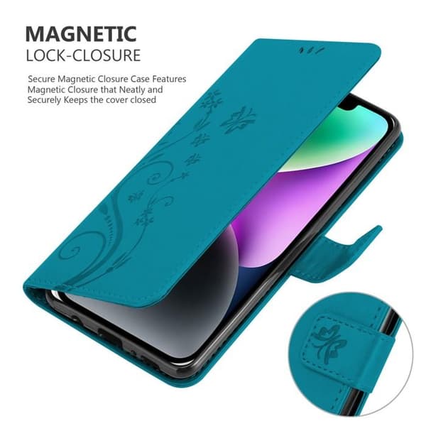 Fodral med lock för iPhone 14, Blått Blommönster, Skyddande Design, Plånbok Blå