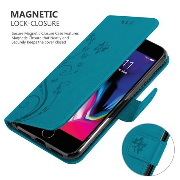 Fodral för iPhone 7/7S/8 - CADORABO - Blommönster - Imiterat läder - 3 kortplatser - Praktiskt stöd Blå
