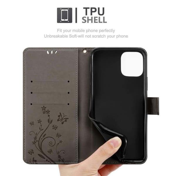 Fodral med lock för iPhone 11 PRO Etui i GRÅ BLOMMÖNSTER Skydd Design Blommig Plånbok Grå