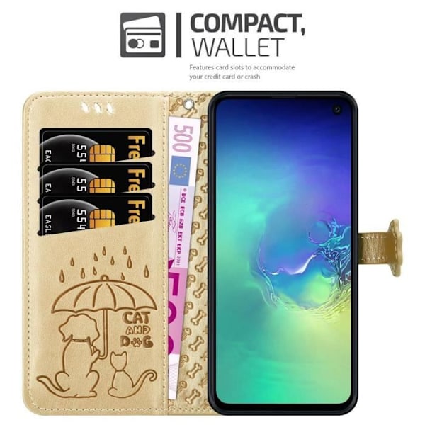Coque - CADORABO - Samsung Galaxy S10e - Similicuir - Mönster av hundar och katter - Ställfunktion Skinande Guld