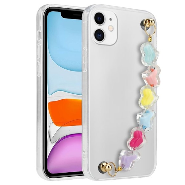 Transparent skal för Apple iPhone 11 med färgade hjärtan, skyddsfodral i flexibelt TPU-silikon med handledsrem. Vit