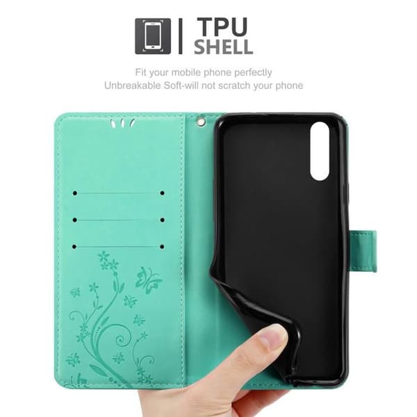Fodral med lock för Huawei P20, Turkos Blommönster, Skyddande Design, Plånbok Blå