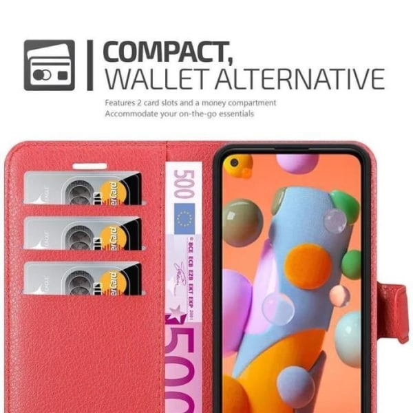 Fodral - CADORABO - Samsung Galaxy A11 - Rött konstläder - Stativfunktion - Kortfack Röd