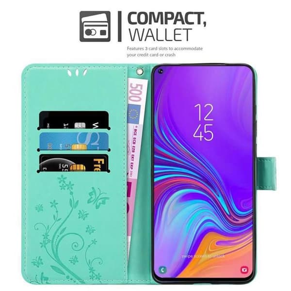 Fodral med lock för Samsung Galaxy A8s, Turkos Blommig Design, Plånboksfodral Blå