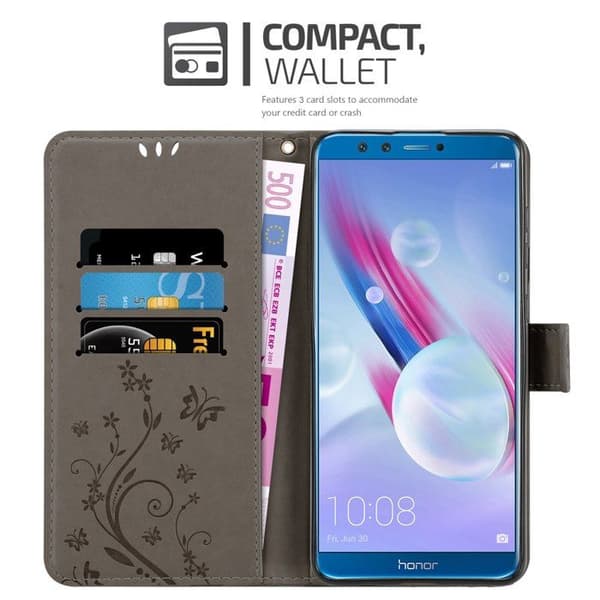 Fodral med lock för Honor 9X LITE Etui i GRÅ BLOMMÖNSTER Skydd Design Blommig Plånbok Grå