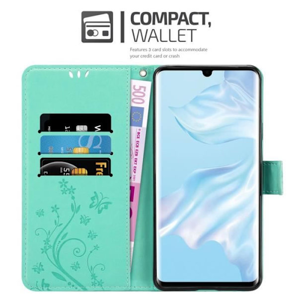 Fodral till Huawei P30 PRO - CADORABO - Blommönster - Imiterat läder - Stativfunktion - 3 kortplatser Grön
