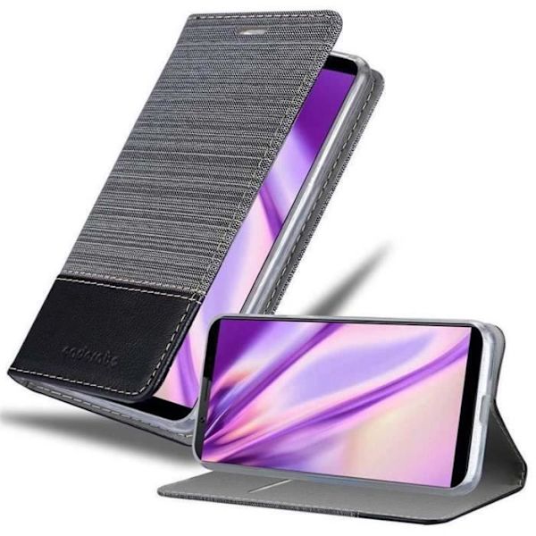 Fodral till Vivo V7 - CADORABO - GRÅ SVART - Imiterat läder - Horisontellt stativ - Kortplats MÖRKGRÅ