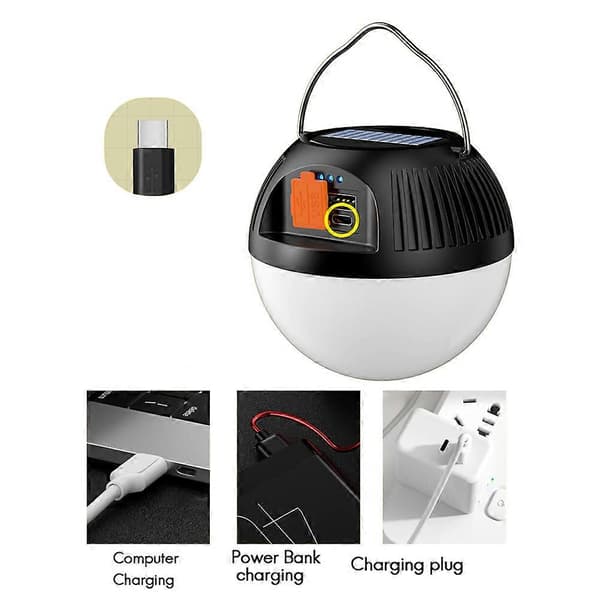 [RM]Solar Campinglampe USB Genopladelig LED Teltlys 3 Tilstande Bærbare Lanterner Nødlys Stærkt Lys til Udendørs Have B Black