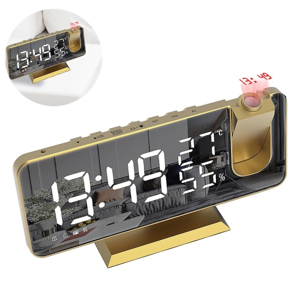 Projektionsväckarklocka för sovrumstak, digital väckarklockradio med USB-laddningsportar, LED-skärmväckarklocka, 4 dimmernivåer, dubbel väckarklocka med 2 Tyrant Gold