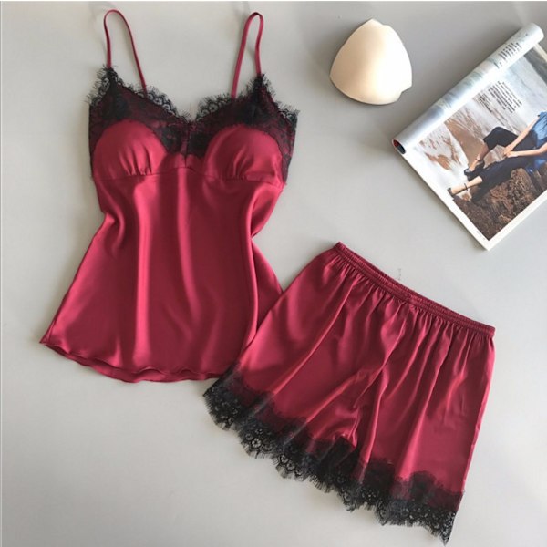 Issilkesfrestelse! Sexig spetslinne-pyjamas set om två delar, kombinerar komfort och charm red S