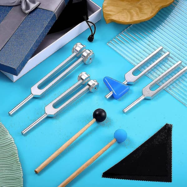 [RM] 4-pack Tuning Fork Set (128 Hz, 256 Hz, 512 Hz, 528 Hz) with Tuning Fork Hammer for Sound Vibration