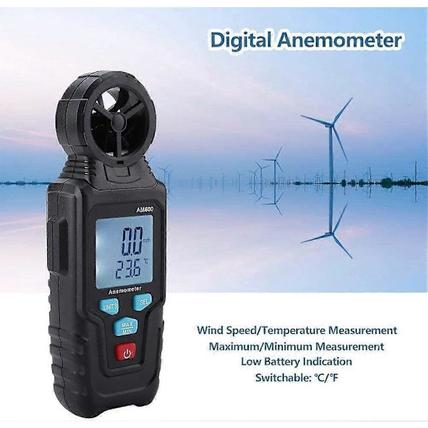 [RM]Anemometer Tool, AM600 Sensitive Digital Anemometer Wind Speed Meter Thermometer with Backlit LCD Measurement