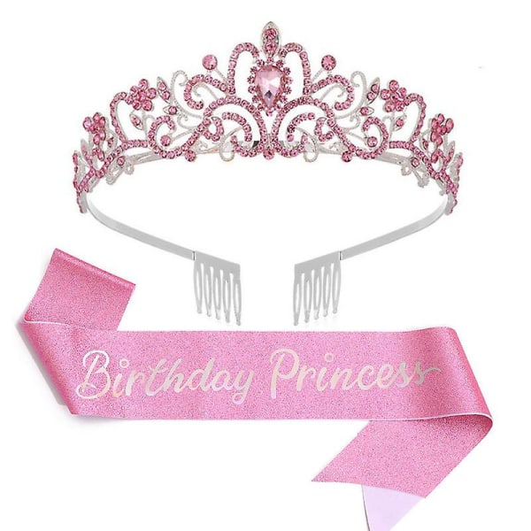 Sash & Crystal Tiara Kit Födelsedagskronor för kvinnor Sash Födelsedagsdekorationer Set Strass pannband Pink