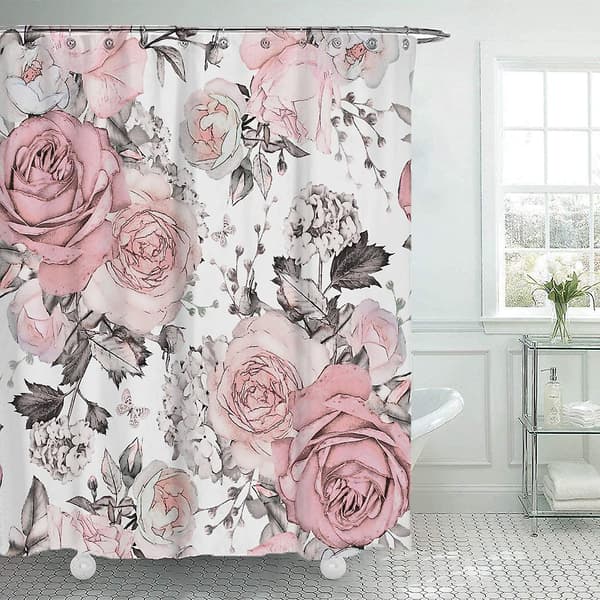 Sött duschdraperi i tyg för badrum, modernt, enkelt, vattentätt duschdraperi, rosa blommönster, 180*180 cm