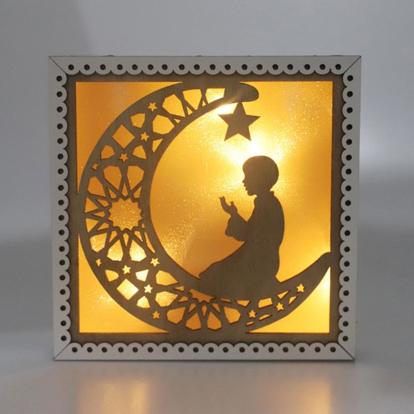 Eid trä fyrkantig LED-lampa bord Hem sängbordslampor muslimsk stil varm vit 3