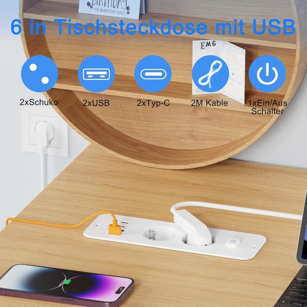 2-veis innfelt stikkontakt med 2 USB-porter og 2 meter kabel